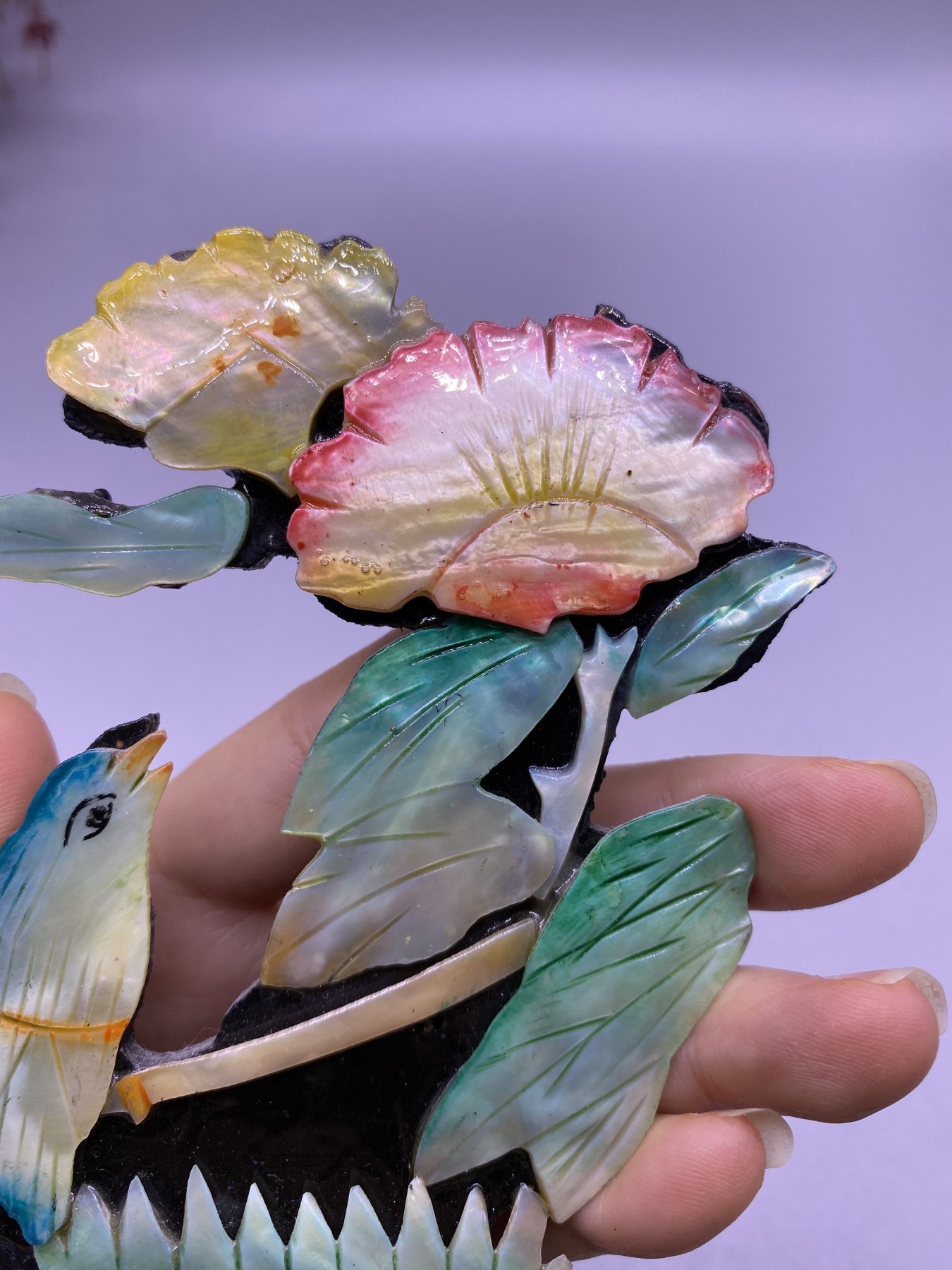 贝壳雕刻花鸟摆件，尺寸12.6厘米，品相如图，150包快递