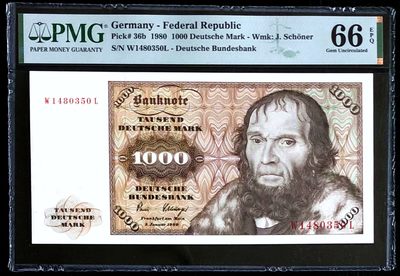 【Blue Auction】✨世界纸币精拍第426期【精】 - 德国 1980年1000马克 经典舍那 雕刻精美 PMG66EPQ
