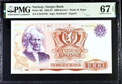 【Blue Auction】✨世界纸币精拍第426期【精】 - 【冠军分】挪威 1987年1000克朗 最高值 经典易卜生 PMG67EPQ 设计精美