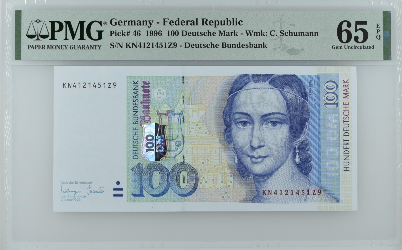 收藏联盟Quantum Auction 第321期拍卖  德国联邦1996年100马克 PMG65 钢琴家 克拉拉 舒曼