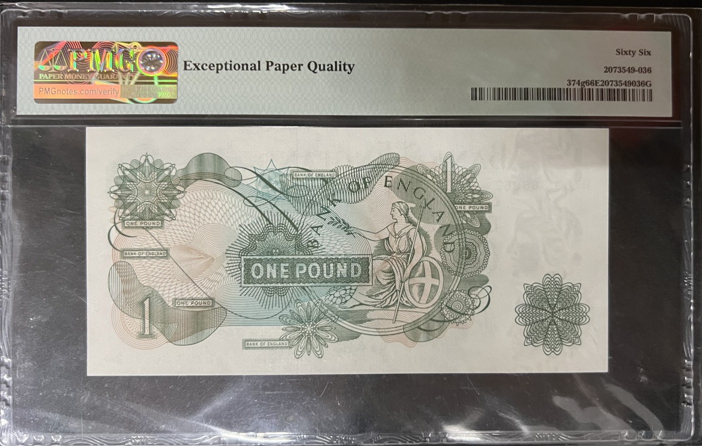 🌗乐淘淘世界纸币收藏拍卖 第40期🌓 【HZ03 368952】英国1970-77年纸币 1镑 无47 PMG66EPQ
