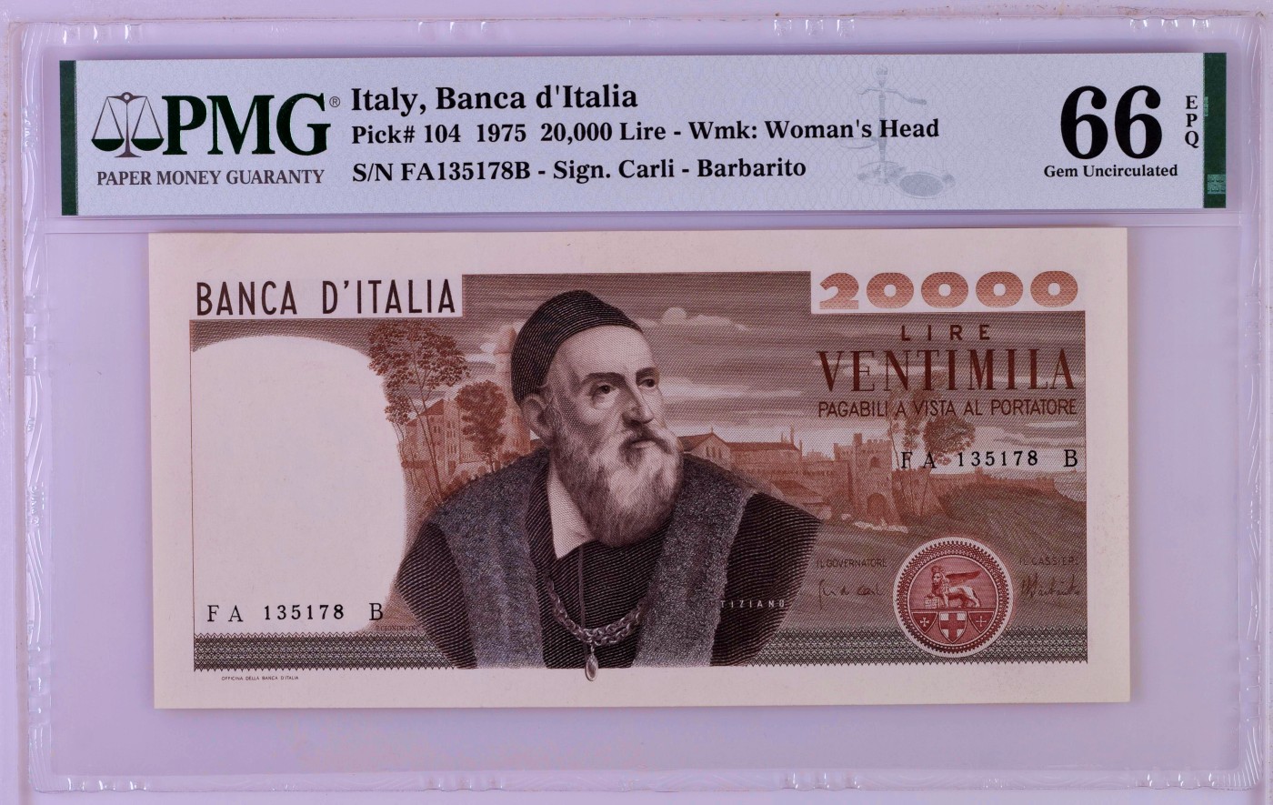 【Blue Auction】✨世界纸币精拍第427期【精】    意大利 1975年20000里拉 提香 PMG66EPQ 