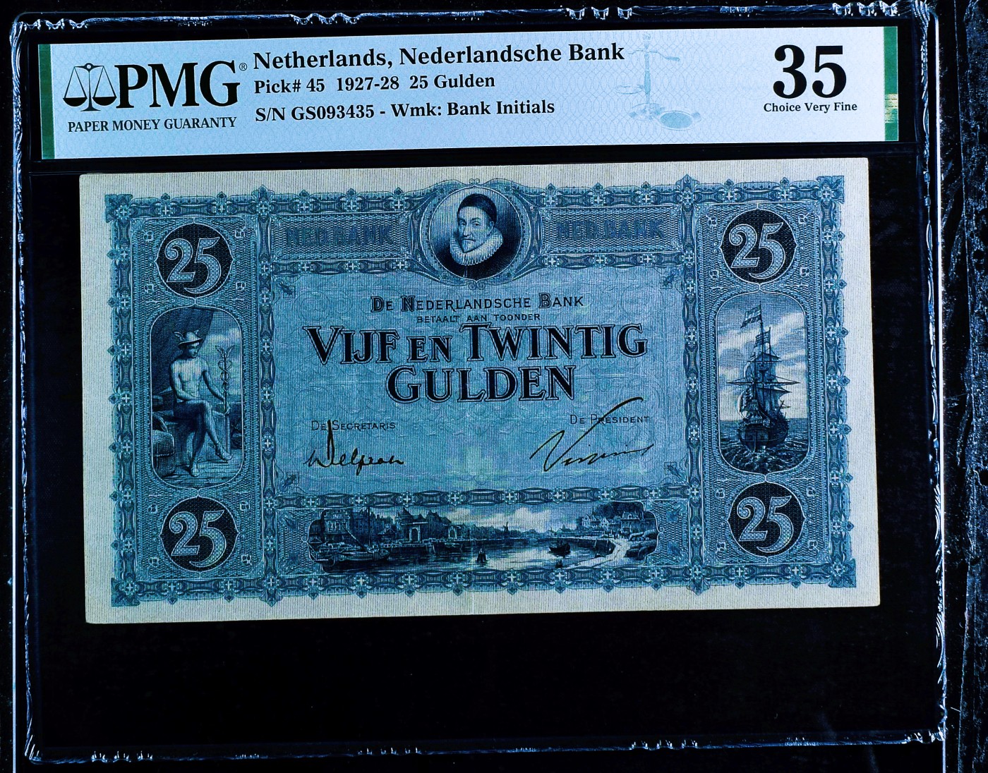 【Blue Auction】✨世界纸币精拍第427期【精】   【冠军分少见品种】荷兰 早期 1927-28年25盾 蓝色墨丘利 PMG35 顶级高分 名画