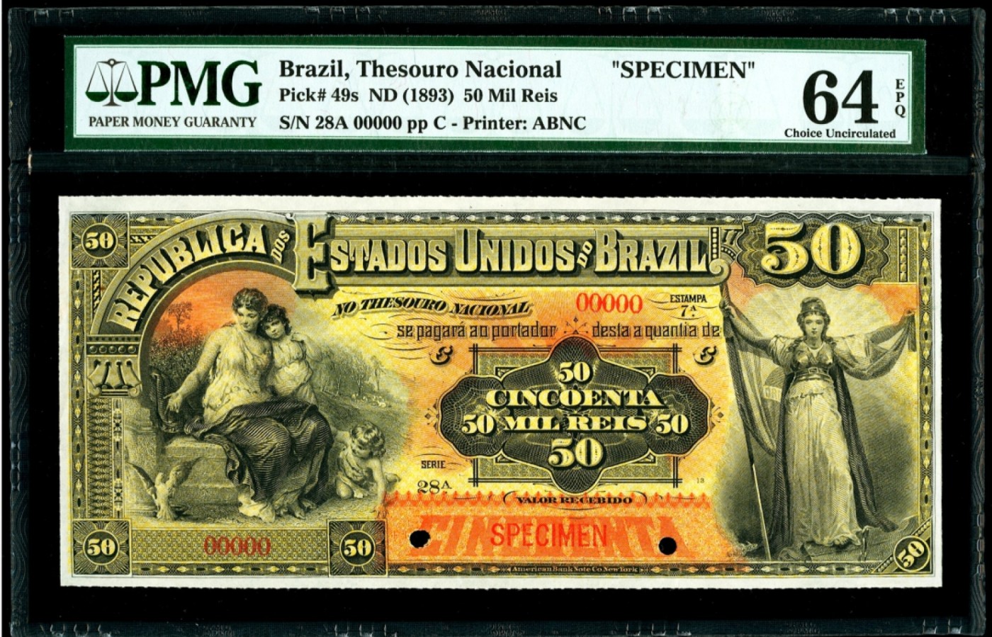 【Blue Auction】✨世界纸币精拍第427期【精】  【唯一冠军分 ABNC精品】巴西 1893年50Mil Reis PMG64EPQ 全新原票 大票幅 雕刻精美 震撼大场景 名画 《First Holy Mass in Brazil》（巴西的第一次弥撒）后期纸币很多也有运用 都没这张票幅大和画面细致