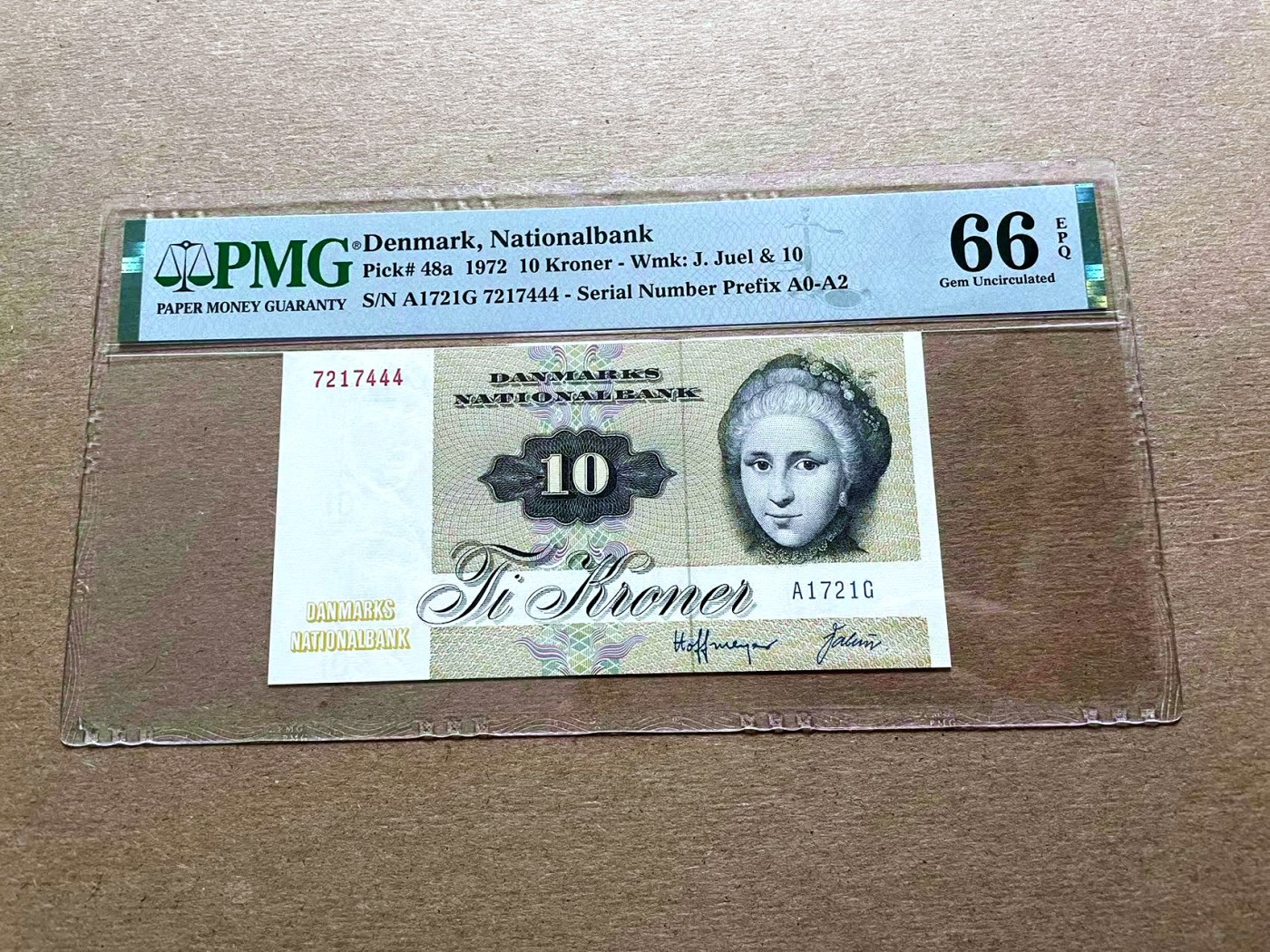 【Blue Auction】✨世界纸币精拍第427期【精】  【444豹子号】丹麦 1972年10克朗 PMG66EPQ 