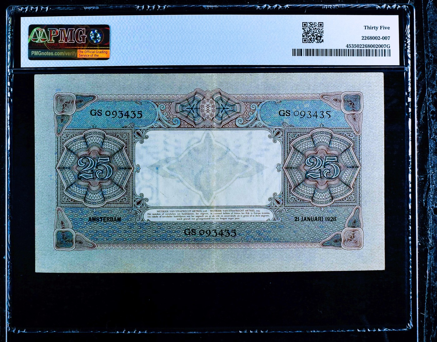 【Blue Auction】✨世界纸币精拍第427期【精】   【冠军分少见品种】荷兰 早期 1927-28年25盾 蓝色墨丘利 PMG35 顶级高分 名画