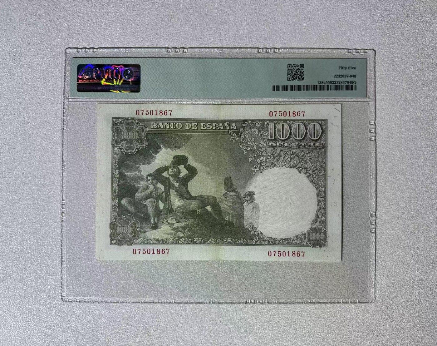 【Blue Auction】✨世界纸币精拍第427期【精】  西班牙 1949年1000比塞塔 经典名画《饮酒者》 PMG55 