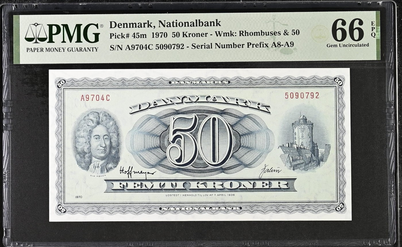 收藏联盟Quantum Auction 第321期拍卖  丹麦1970年50克朗 PMG66 号码无4 