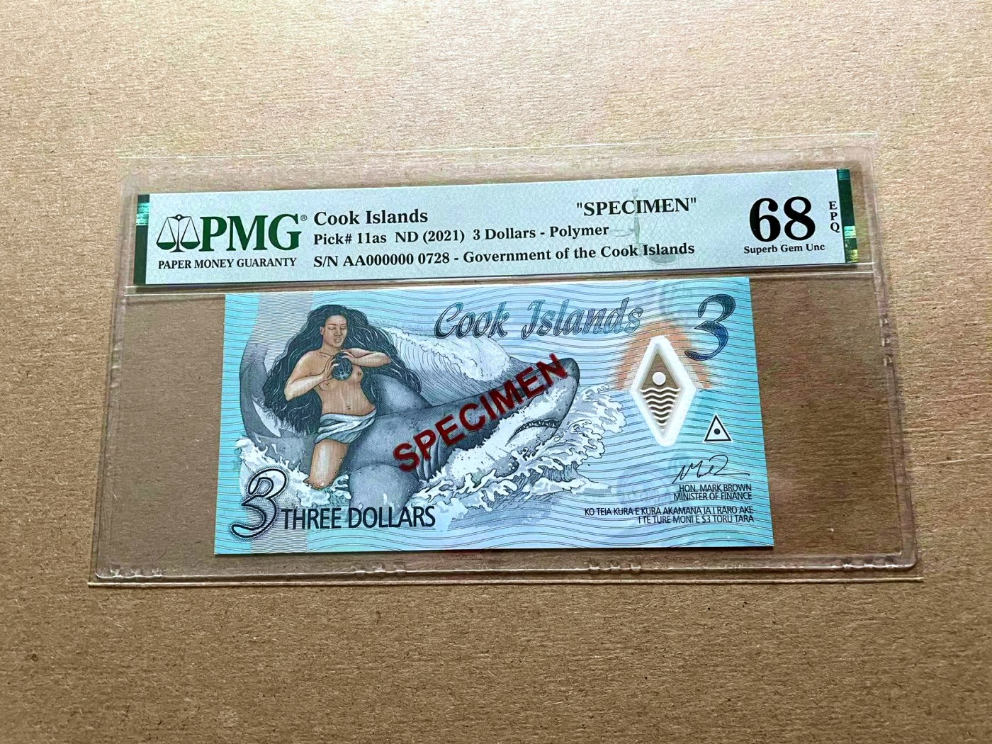 【Blue Auction】✨世界纸币精拍第427期【精】  【样钞】库克群岛 2021年3元 PMG68EPQ 高分