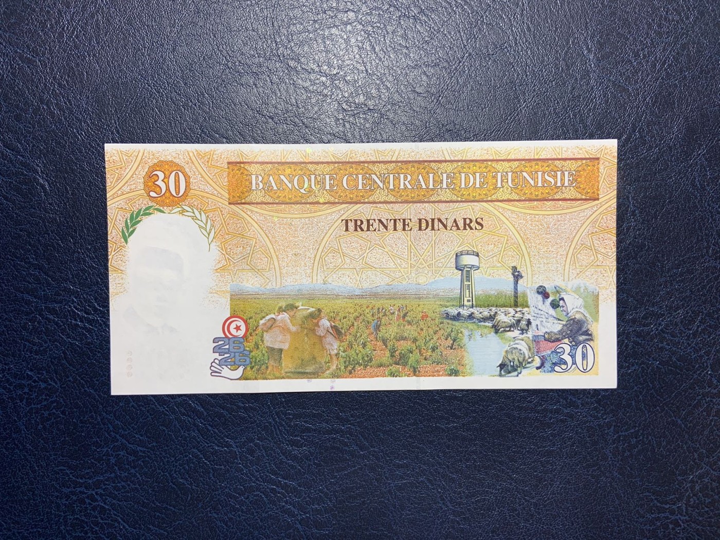 收藏联盟Quantum Auction 第321期拍卖  突尼斯1997年30第纳尔纪念钞 品相全新UNC 双面雕刻 首发冠 全程倒置号 888豹子号身