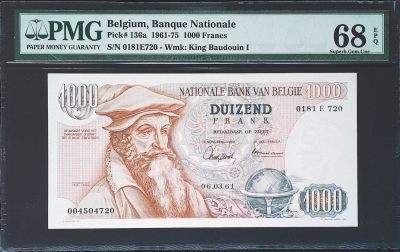 世界靓号纸钞第四十期 - 1961年比利时初版1000法郎 PMG68 冠军分 仅三张