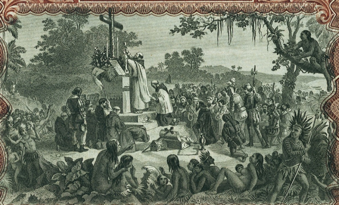 【Blue Auction】✨世界纸币精拍第427期【精】  【唯一冠军分 ABNC精品】巴西 1893年50Mil Reis PMG64EPQ 全新原票 大票幅 雕刻精美 震撼大场景 名画 《First Holy Mass in Brazil》（巴西的第一次弥撒）后期纸币很多也有运用 都没这张票幅大和画面细致