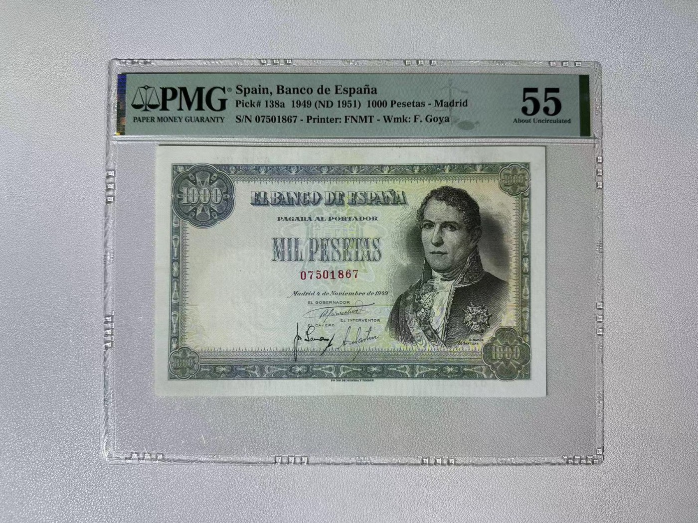 【Blue Auction】✨世界纸币精拍第427期【精】  西班牙 1949年1000比塞塔 经典名画《饮酒者》 PMG55 