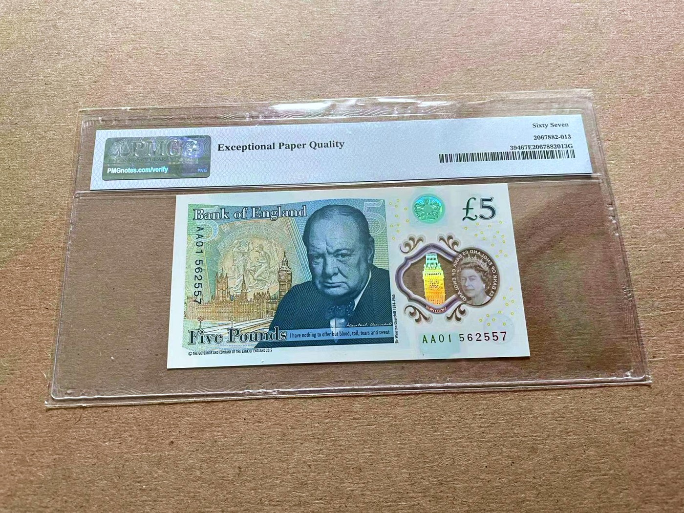 【Blue Auction】✨世界纸币精拍第427期【精】  【AA01】英国 2015年5镑 PMG67EPQ 