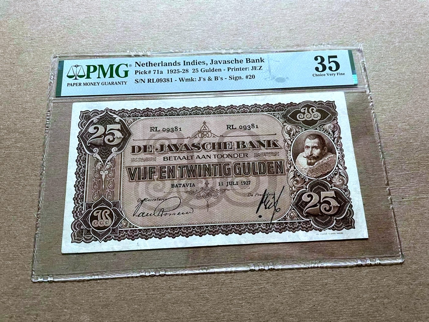 【Blue Auction】✨世界纸币精拍第427期【精】  【无47 a版】荷属东印度 早期 1925-28年25盾  PMG35 少见品种 背面包括中文在内的四种文字 值得收藏