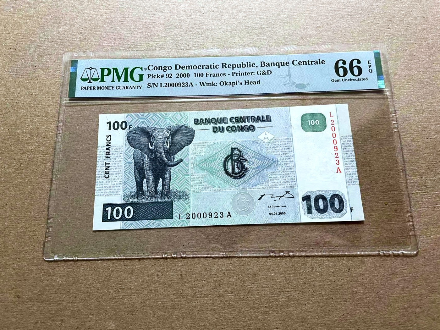 【Blue Auction】✨世界纸币精拍第427期【精】  【无47】刚果 2000年100法郎 PMG66EPQ 蓝色凹印版LA首发，右上角为变光油墨防伪，后期无防伪