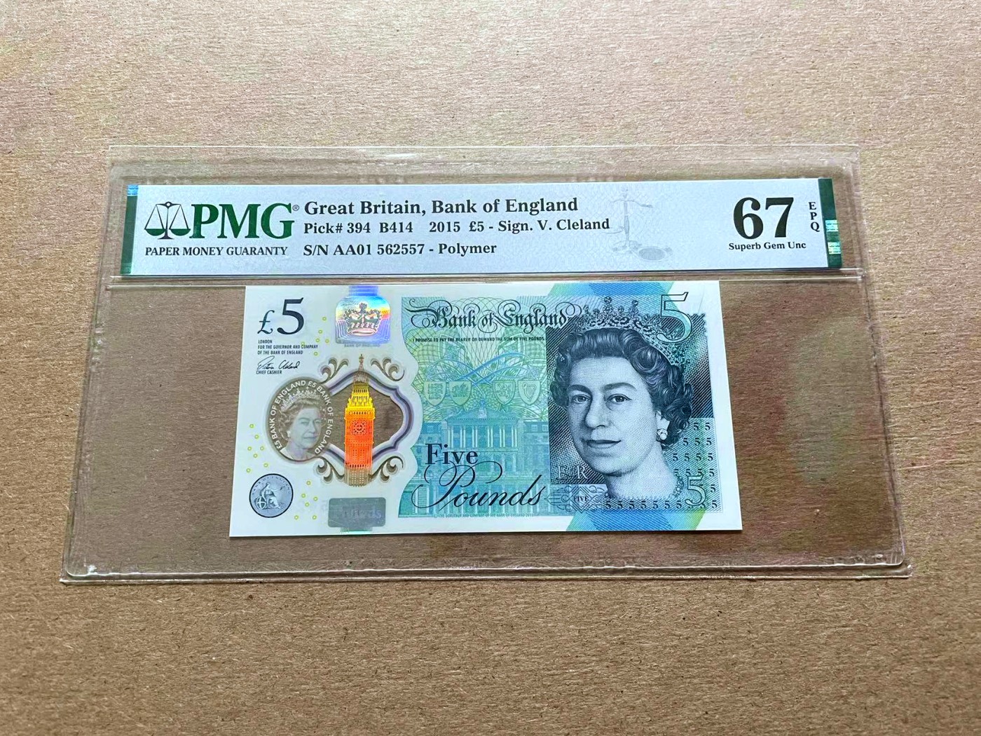 【Blue Auction】✨世界纸币精拍第427期【精】  【AA01】英国 2015年5镑 PMG67EPQ 