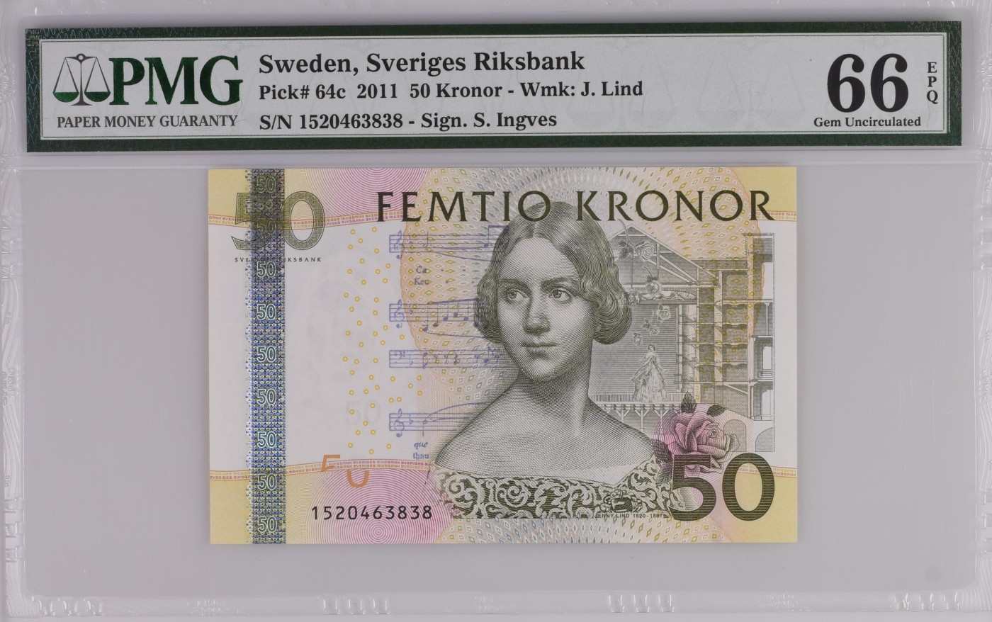 收藏联盟Quantum Auction 第321期拍卖  Sweden, Sveriges Riksbank, 50 Kronor 2011 - Wmk: J. Lind