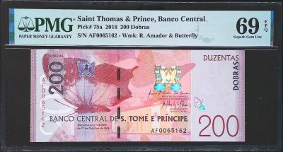 世界靓号纸钞第四十期 - 2016年圣多美和普林西比200多布拉 全程无347 该钞已经退出流通 PMG69 唯二冠军分