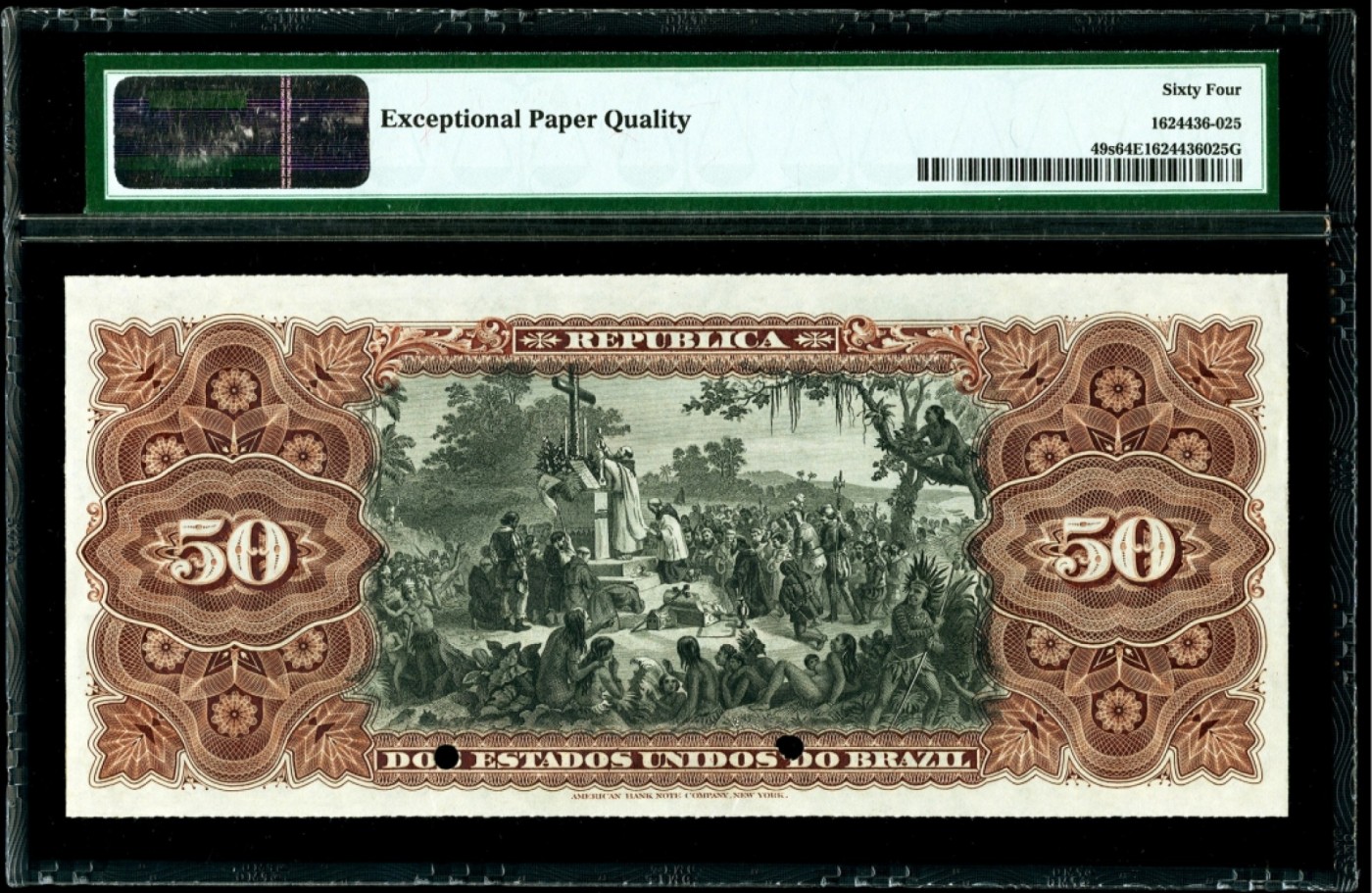 【Blue Auction】✨世界纸币精拍第427期【精】  【唯一冠军分 ABNC精品】巴西 1893年50Mil Reis PMG64EPQ 全新原票 大票幅 雕刻精美 震撼大场景 名画 《First Holy Mass in Brazil》（巴西的第一次弥撒）后期纸币很多也有运用 都没这张票幅大和画面细致