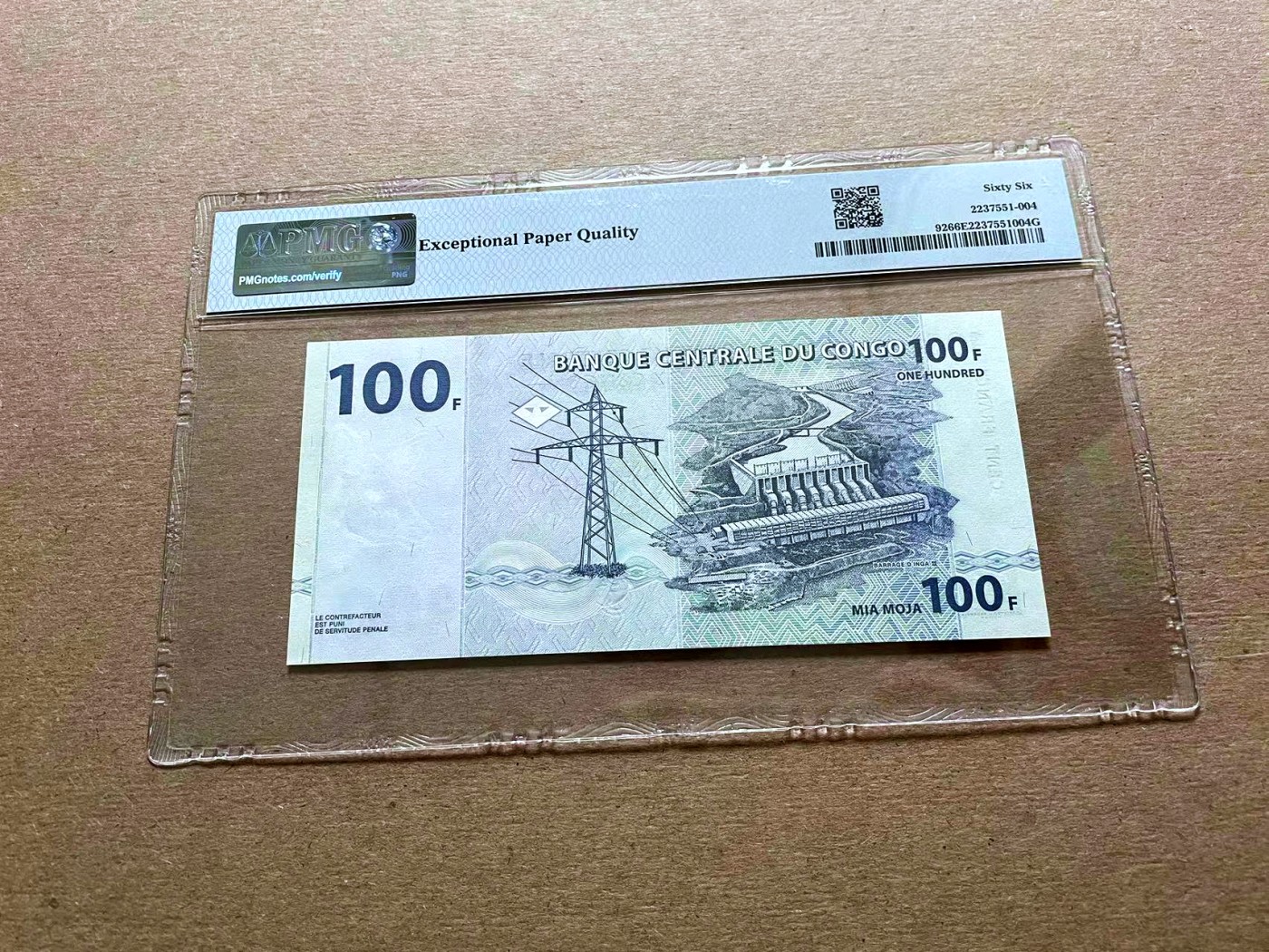 【Blue Auction】✨世界纸币精拍第427期【精】  【无47】刚果 2000年100法郎 PMG66EPQ 蓝色凹印版LA首发，右上角为变光油墨防伪，后期无防伪