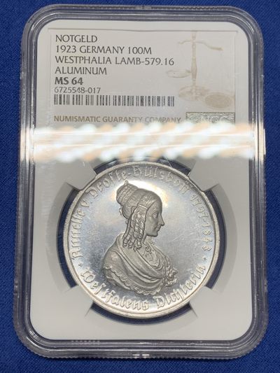 《竞宝斋》第239场-周日，周一 年终拍场 (全场包邮) NGC MS64 德国1923年威斯特法伦100马克铝币，紧急通胀大马币系列之一，品相极佳，PF效果