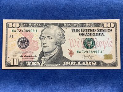 《竞宝斋》第239场-周日，周一 年终拍场 (全场包邮) UNC 全新 未流通 无软折 美国 2013年 新版10美元纸币 尾999豹子号