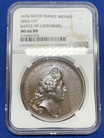 《竞宝斋》第239场-周日，周一 年终拍场 (全场包邮) 唯一冠军分 NGC MS66BN 法国1674年路易十四太阳王拉登堡战役纪念大铜章