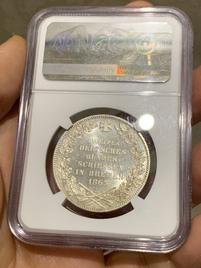 《竞宝斋》第239场-周日，周一 年终拍场 (全场包邮) NGC MS64 德国德意志不来梅 1865年射击节1泰勒银币 原光出厂状态！高分难得