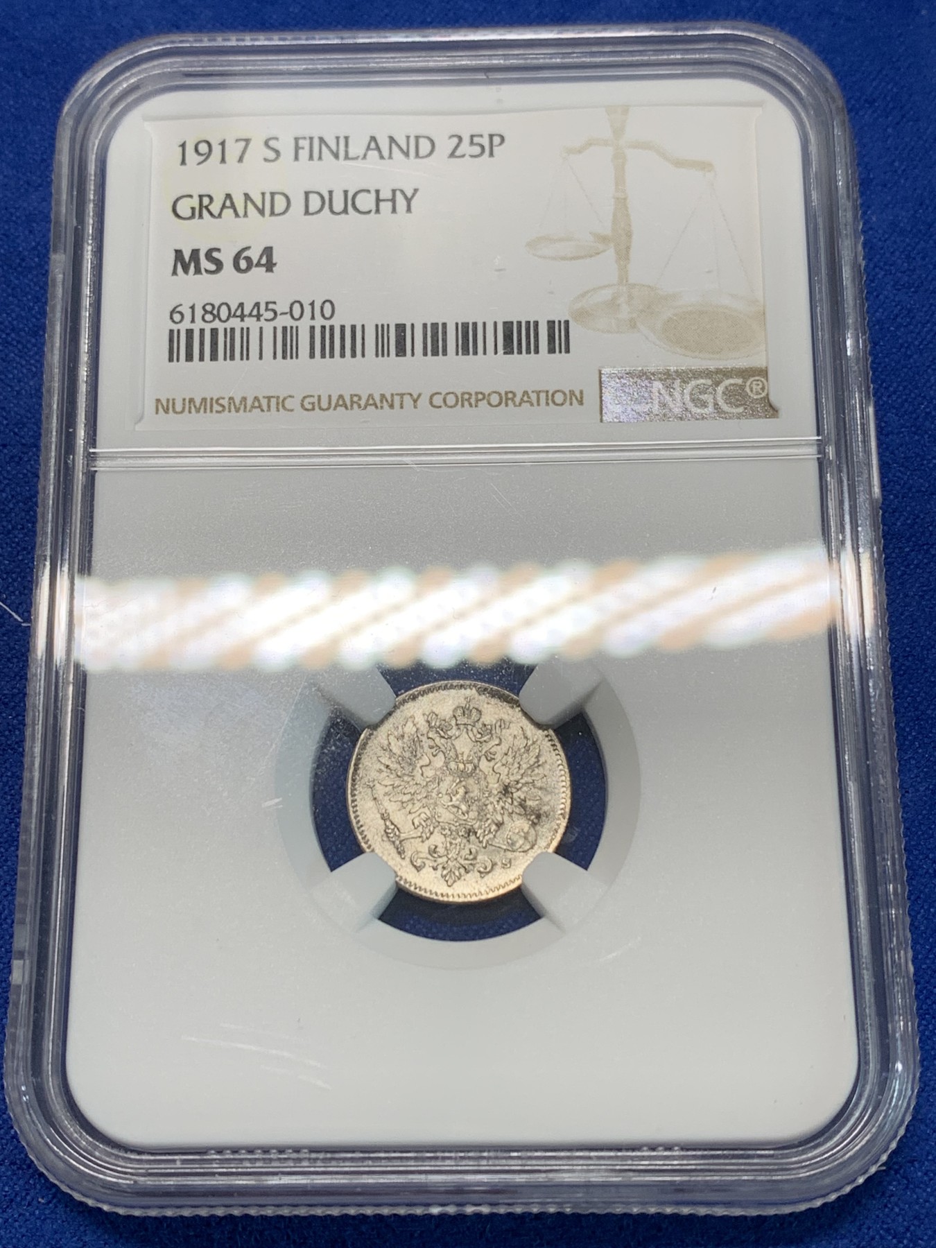 《竞宝斋》第240场-周日，周一 年终尾场 (全场包邮) NGC MS64 俄占芬兰1917年25盆尼小银币