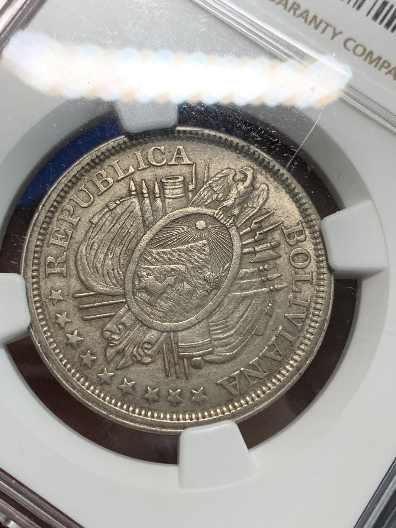 《竞宝斋》第240场-周日，周一 年终尾场 (全场包邮) NGC-MS61 玻利维亚 1891年50分银币 漂亮灰包浆 草泥马图案