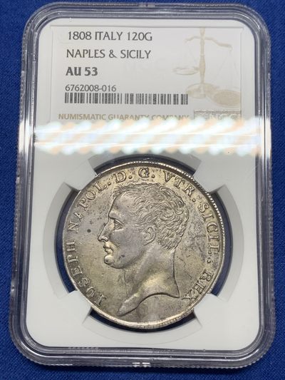 《竞宝斋》第239场-周日，周一 年终拍场 (全场包邮) NGC AU53 意大利 那不勒斯王国 1808 约瑟夫·拿破仑 120G 大银币 稀缺品种 包浆底板细节都非常好 发丝无磨损 性价比好 低评了