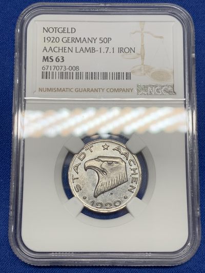 《竞宝斋》第239场-周日，周一 年终拍场 (全场包邮) NGC MS63 德国1920年亚琛鹰头50芬尼，紧急通胀币，名誉品种