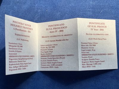 《竞宝斋》第239场-周日，周一 年终拍场 (全场包邮) 梵蒂冈2016年-教宗本笃十六世（天使降临）精制纪念币-5欧（发行量5500枚） 盒证齐全 18g 32mm 925银