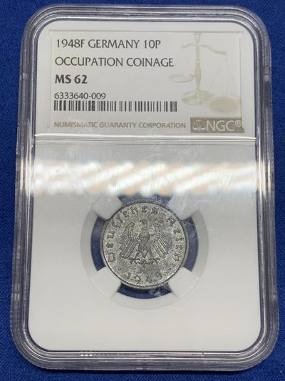 《竞宝斋》第239场-周日，周一 年终拍场 (全场包邮) NGC MS62 1948年德国占领期间10芬尼锌币，俗称“拔毛鹰”，少见品种