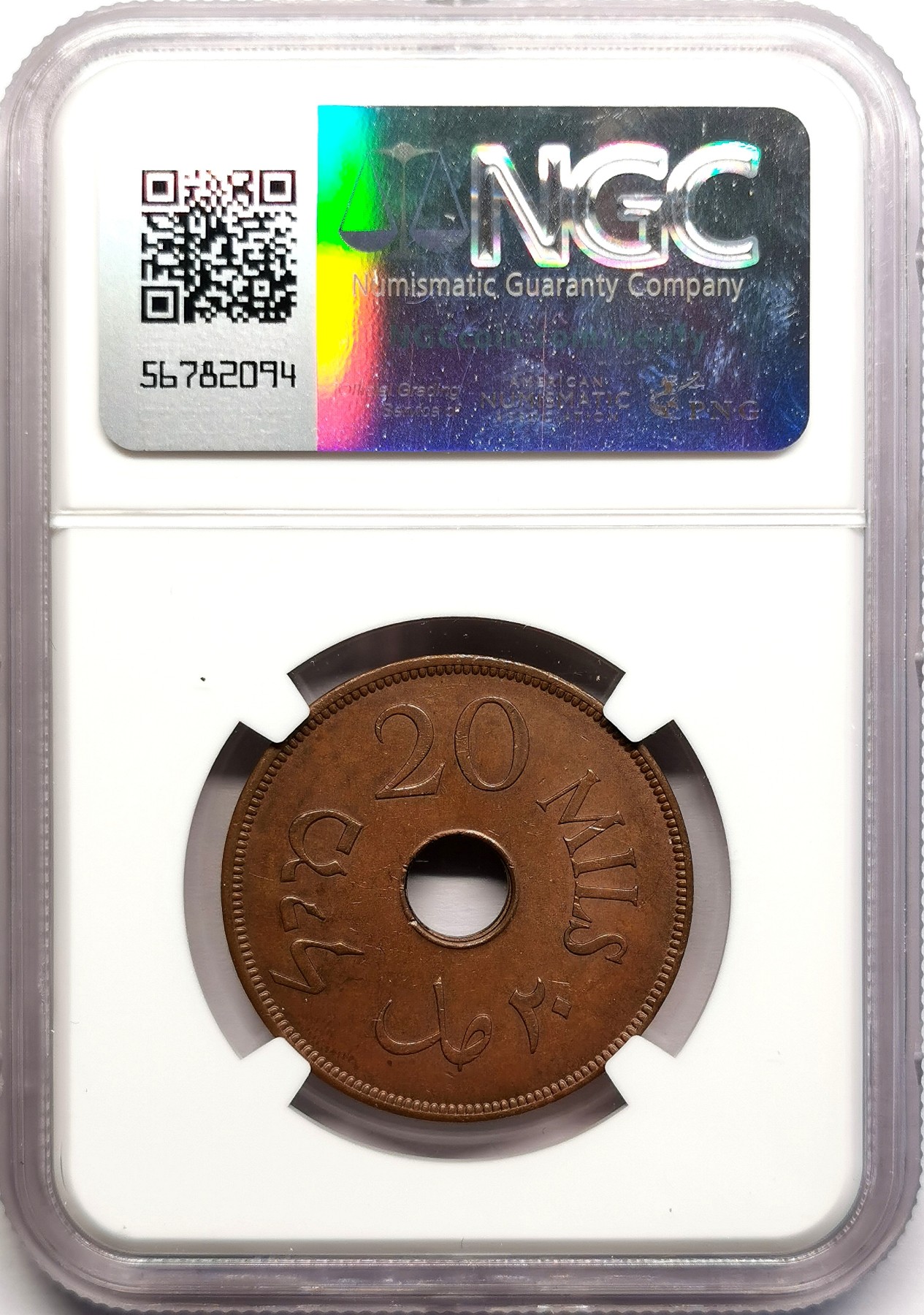 凡希社世界钱币微拍第二百六十期 荐！1942巴勒斯坦20Mil红铜币NGC-MS64BN，N亚军分，铜辅币最大面值高分稀有！