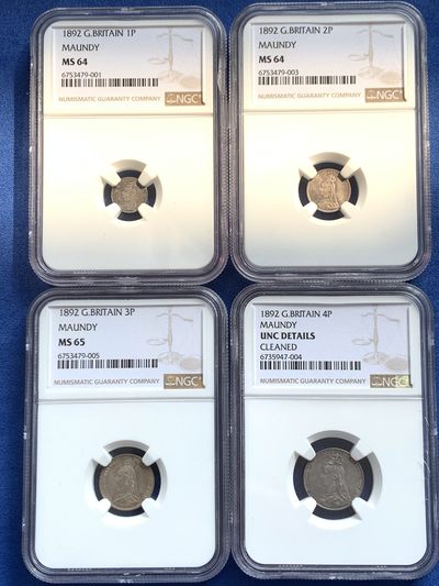 《竞宝斋》第239场-周日，周一 年终拍场 (全场包邮) 4枚一组 NGC UNC-MS65 英国1892年洗脚币 1便士+2便士+3便士+4便士  灌足节稀少品种 少见包浆 PL感十足