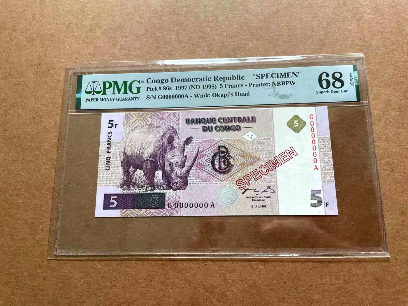 【Blue Auction】✨世界纸币精拍第428期——苍老师专场 PART1 【样钞】刚果 1998年5法郎 犀牛 	PMG68EPQ 高分