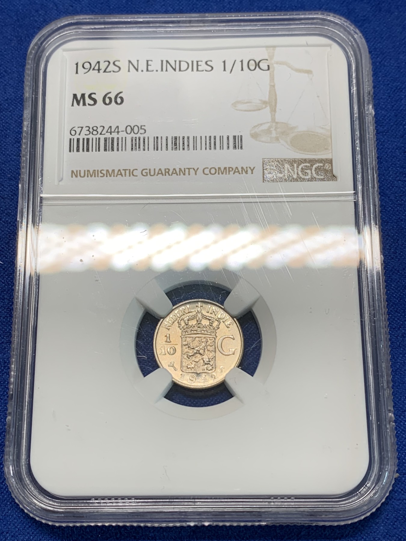 《竞宝斋》第240场-周日，周一 年终尾场 (全场包邮) NGC MS66 1942年S版 荷属东印度群岛（今印尼）1/10盾 银币