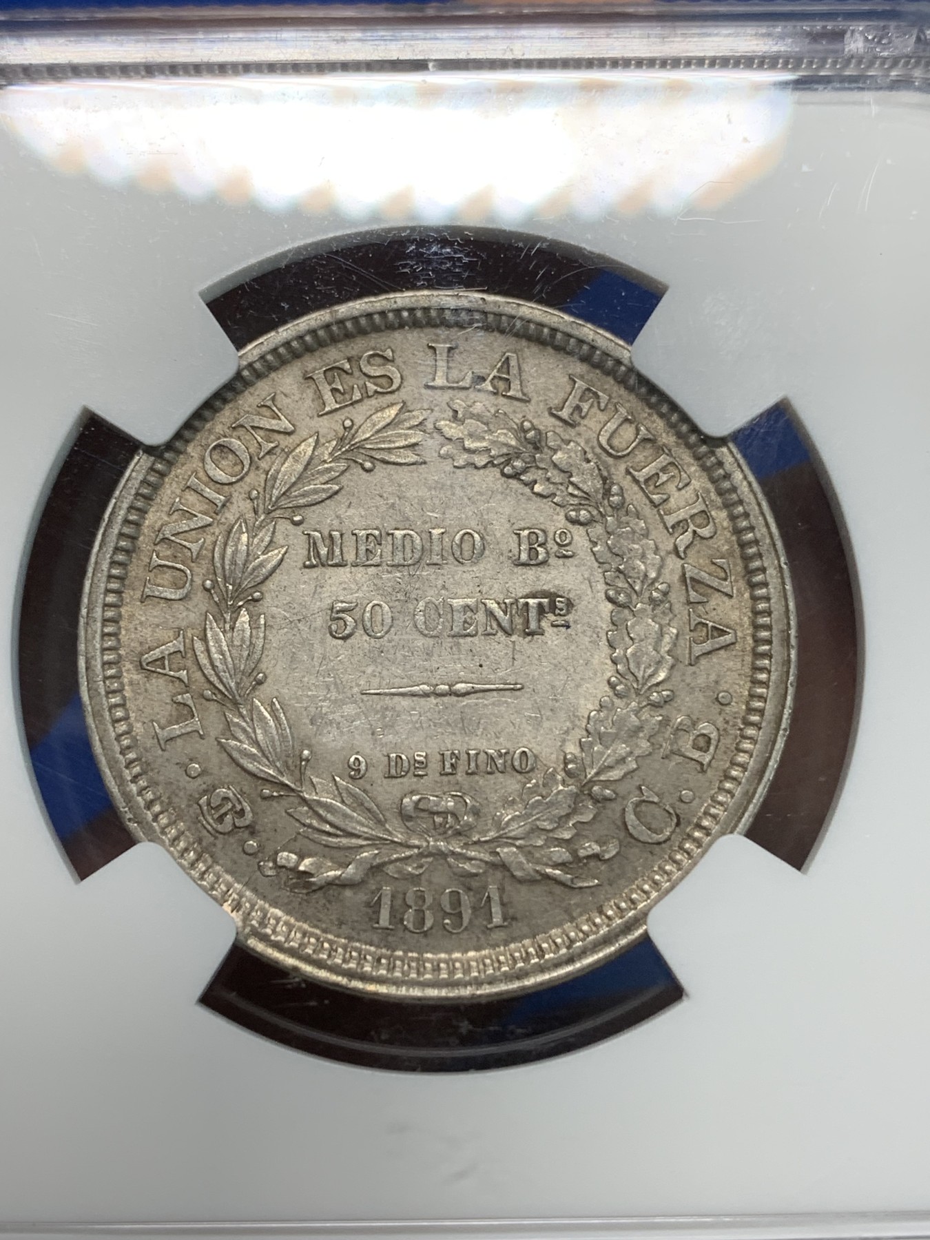 《竞宝斋》第240场-周日，周一 年终尾场 (全场包邮) NGC-MS61 玻利维亚 1891年50分银币 漂亮灰包浆 草泥马图案