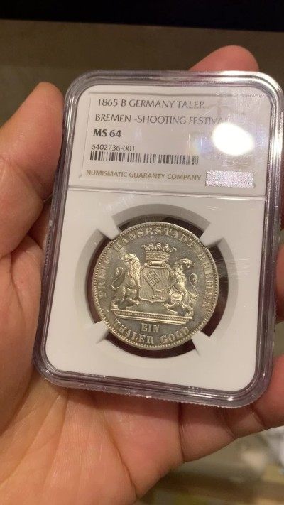 《竞宝斋》第239场-周日，周一 年终拍场 (全场包邮) NGC MS64 德国德意志不来梅 1865年射击节1泰勒银币 原光出厂状态！高分难得