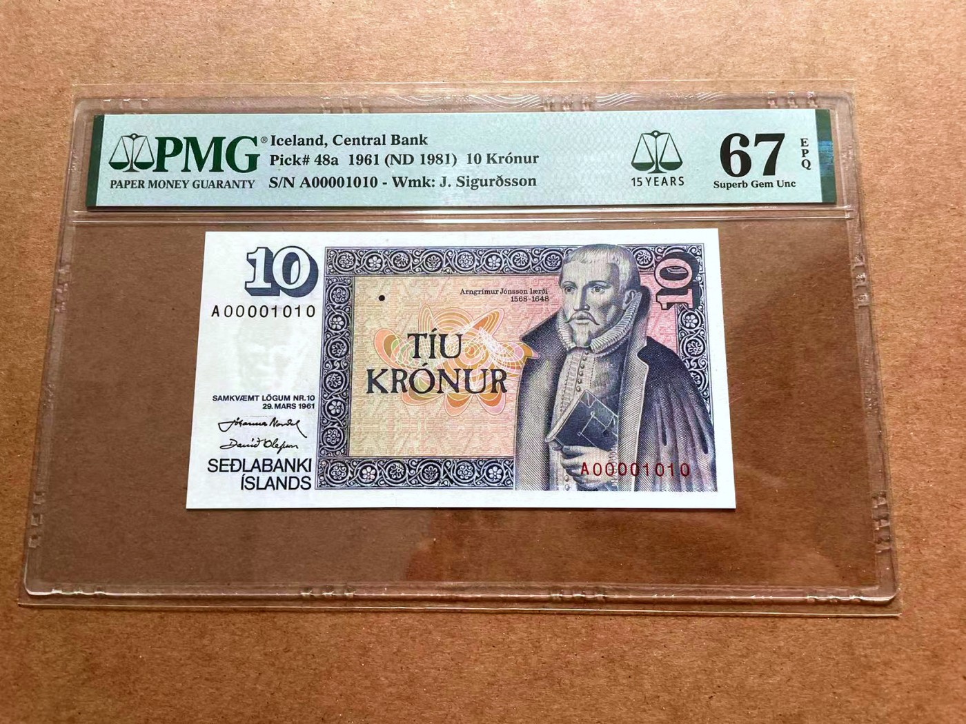 【Blue Auction】✨世界纸币精拍第428期——苍老师专场 PART1 【A冠1010二进制小号】冰岛 1961年10克朗 PMG67EPQ 高分