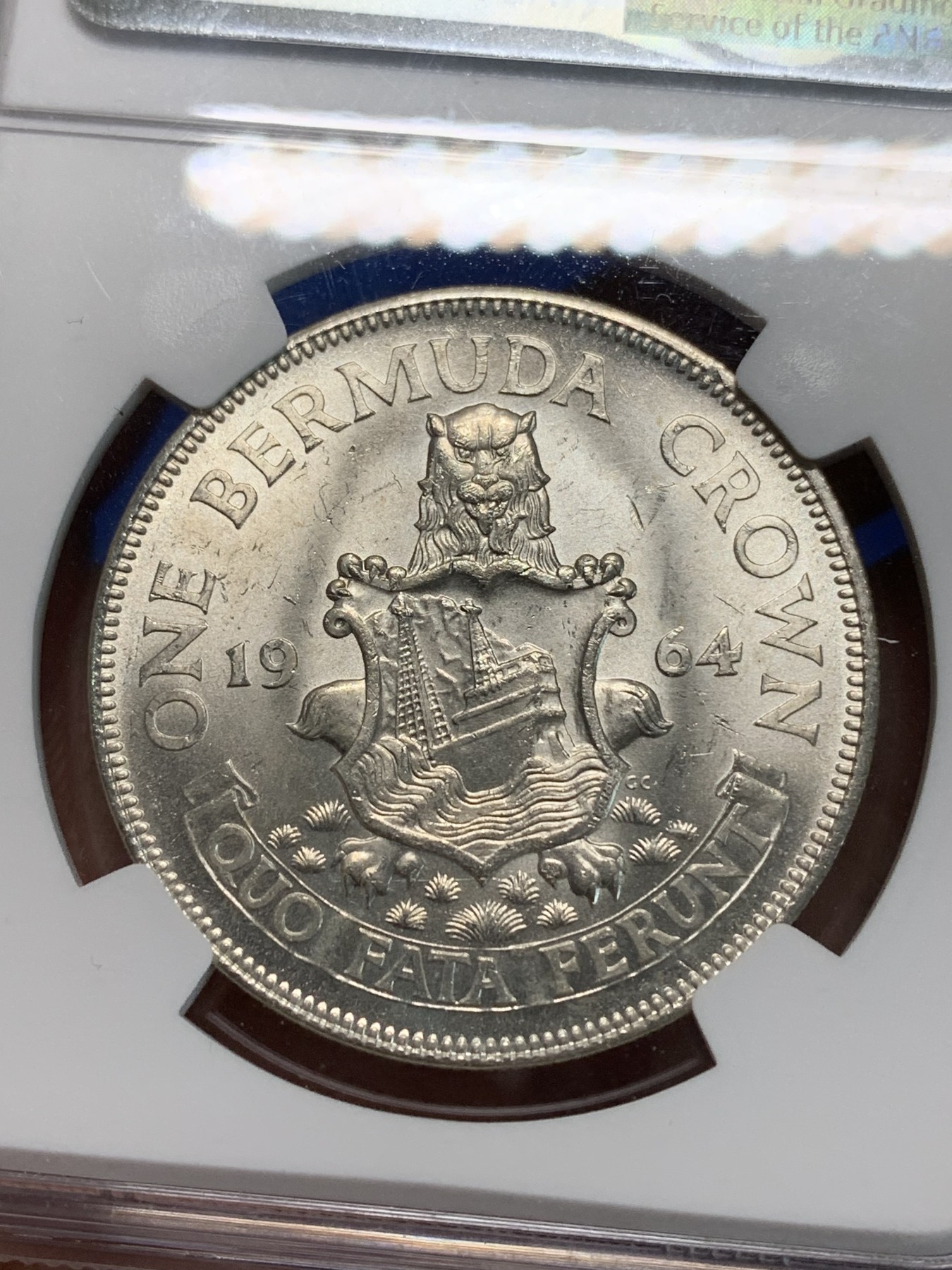 《竞宝斋》第240场-周日，周一 年终尾场 (全场包邮) NGC-MS63 英属百慕大1964年伊丽莎白二世青年头像克朗银币 经典女王头像