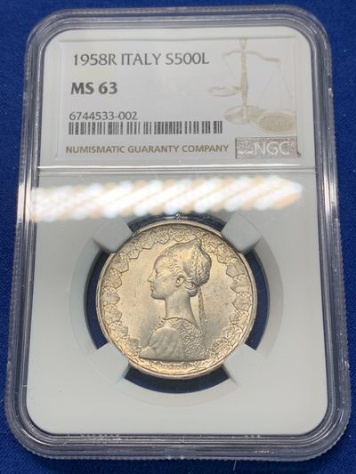 《竞宝斋》第239场-周日，周一 年终拍场 (全场包邮) NGC-MS63 意大利1958年500里拉银币，经典人妻帆船首年份，单面好彩