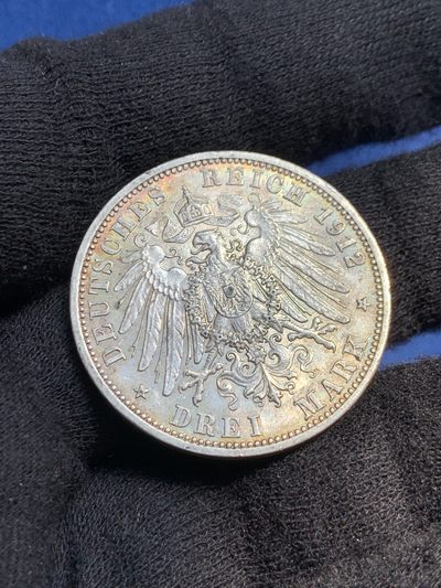 《竞宝斋》第239场-周日，周一 年终拍场 (全场包邮) 德国1912年普鲁士威廉二世3马克银币 原味包浆 细节不错