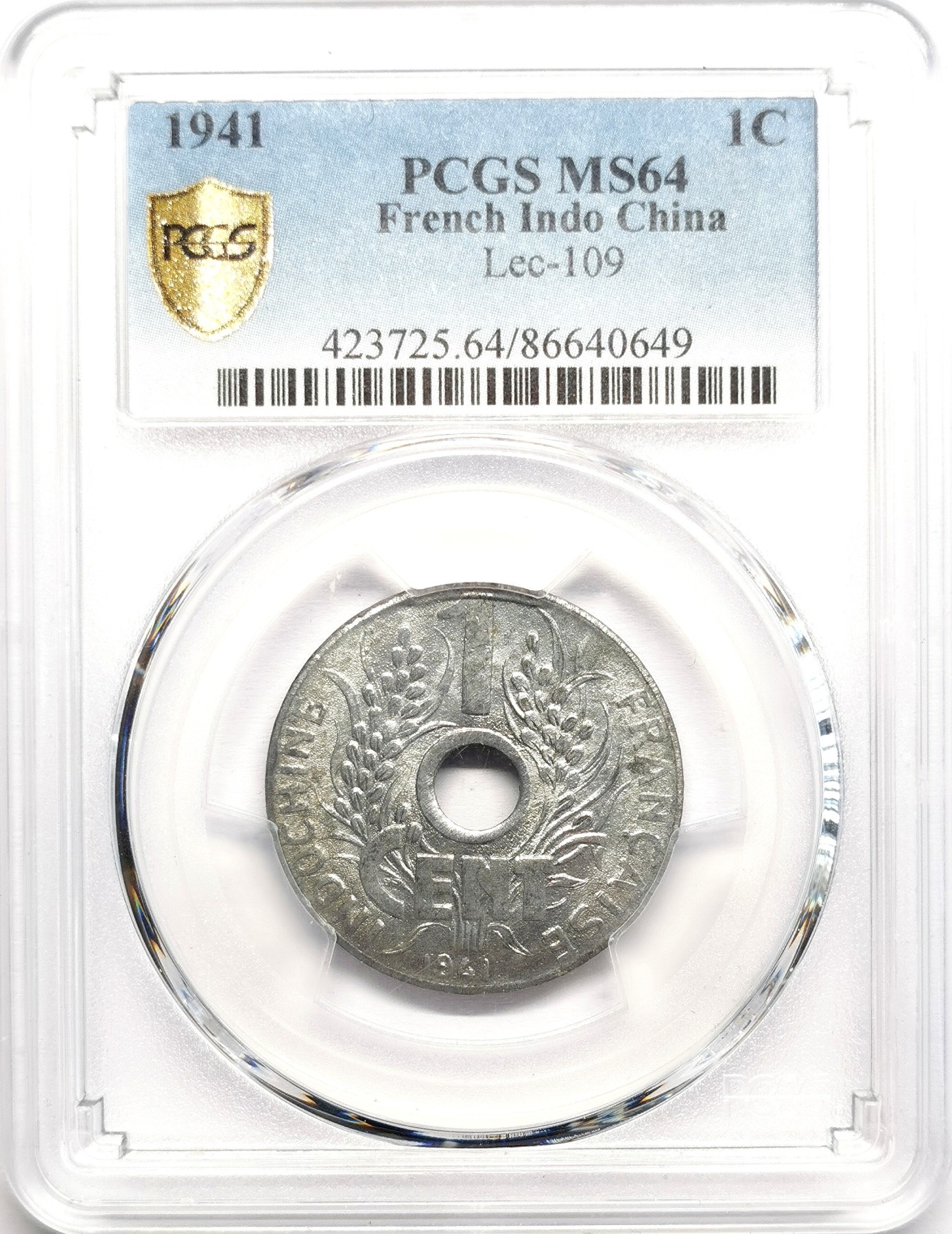 凡希社世界钱币微拍第二百六十期 1941法属印度支那1分锌币PCGS-MS64 维希政府发行，KM#24.3自由帽11瓣玫瑰，P最高分！