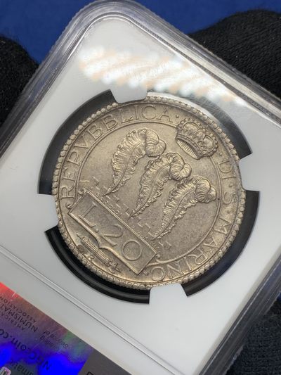 《竞宝斋》第239场-周日，周一 年终拍场 (全场包邮) NGC-MS62 圣马力诺 1931年 20里拉银币 漂亮的锦盒彩包浆 难得好状态