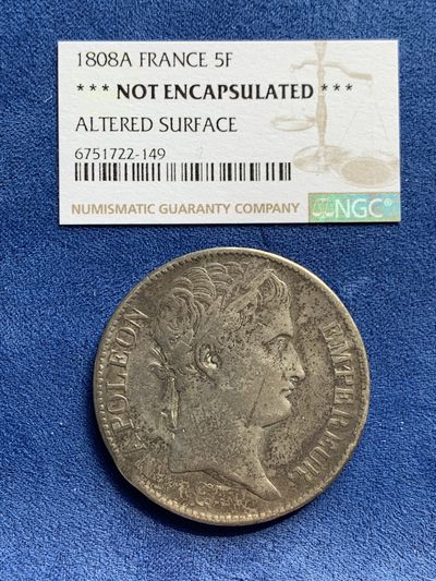 《竞宝斋》第239场-周日，周一 年终拍场 (全场包邮) 法国1808年拿破仑5法郎银币 少见年份 细节见图