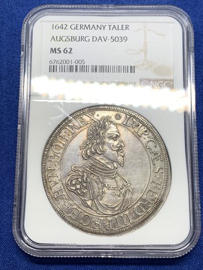 《竞宝斋》第239场-周日，周一 年终拍场 (全场包邮) NGC MS62 德国德意志奥格斯堡1642年城市景观泰勒银币 持续上涨的品种！