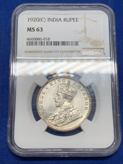 《竞宝斋》第239场-周日，周一 年终拍场 (全场包邮) NGC MS63 原光印度1920C加尔各答厂乔治五世1卢比银币